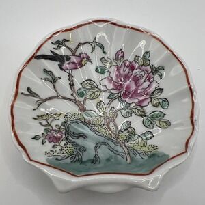 Vintage 1988 Toyo Bird Song Hand-painted 4.5" Clamshell Trinket Dish